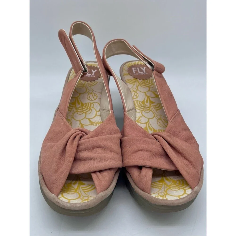 FLY LONDON Yata Pink Nubuck Suede Wedge Sling Back Peep Toe Sandals size 40